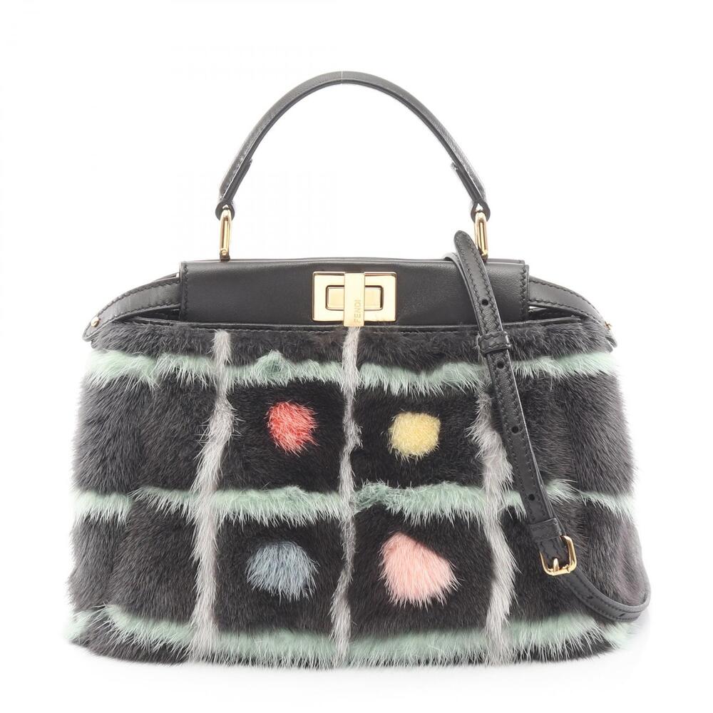 Fendi Peekaboo Handbag Leather Fur Gray Black Multicolor
